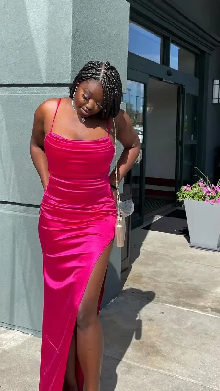 Fuchsia Straps Satin Black Girl Bridesmaid Dress Evening Party Dress with Slit,DP1278 Tunics Chic elegant