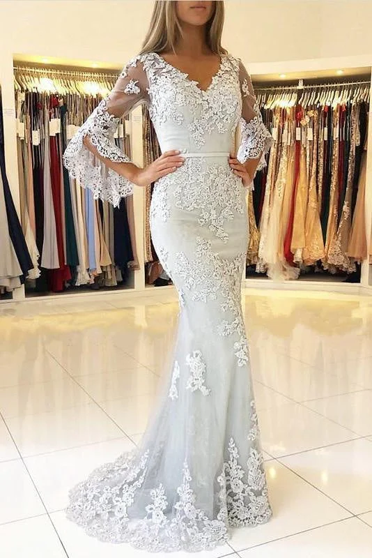 White V Neck Long Prom Mermaid Lace Appliqued Evening Dress Tunics Fashionable trendy