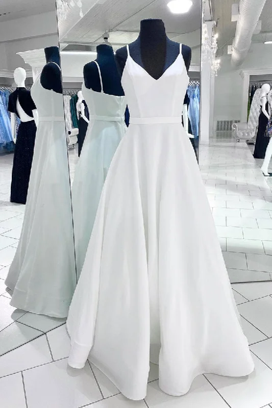 White v neck satin long prom dress white evening dress Cowl Neckline Elegant