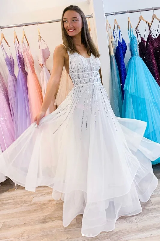 White v neck tulle sequin long prom dress white evening dress Tunics Print Colorful