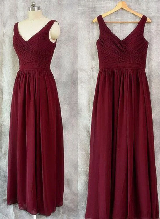 Wine Red Simple Bridesmaid Dresses, Simple Burgundy Chiffon Party Dresses, Formal Gowns Glittery Long Formal