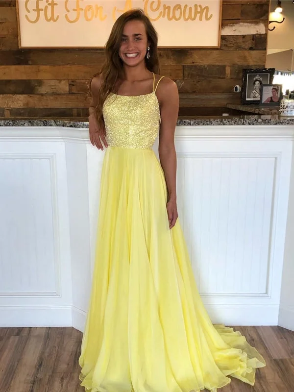 Yellow A Line Backless Sequins Chiffon Long Prom Dresses, Yellow Formal Dresses, Evening Dresses Tunics Velvet soft Yellow A Line Backless Sequins Chiffon Long Prom Dresses, Yellow Formal Dresses, Evening Dresses Tunics Velvet soft
