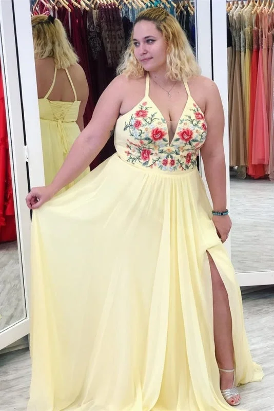 Yellow Halter Appliques Plus Size Prom with Slit A Line V Neck Sleeveless Party Dress Tunics New arrival