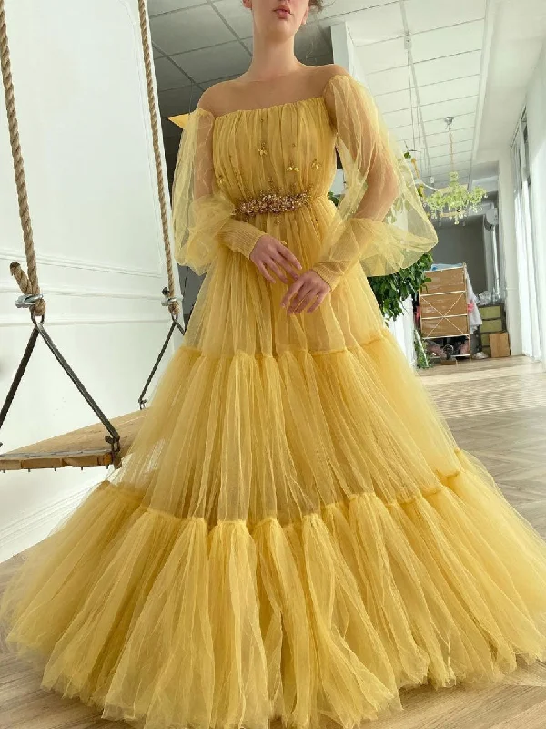 Yellow round neck tulle beads long prom dress, yellow evening dress Boat Neckline Classic