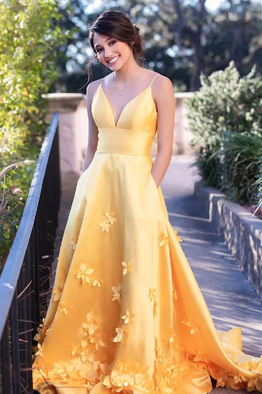 Yellow  satin long prom dress yellow evening dress Tunics Spring floral