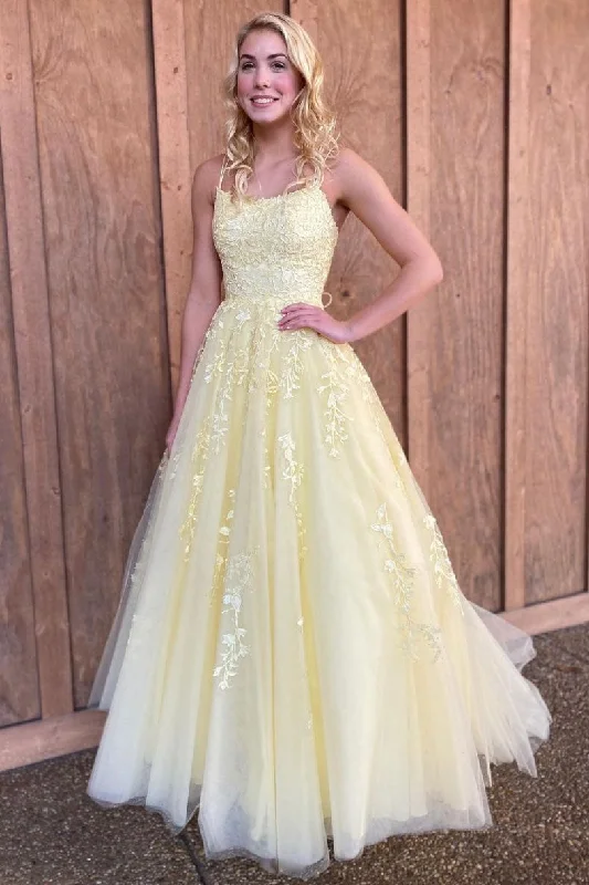 Yellow tulle lace long prom dress yellow evening dress Tunics Sale discount