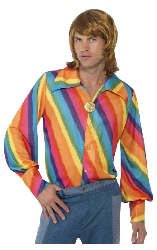 Mens 1970s Rainbow Colour Shirt Hooded Caped Shawl Collar