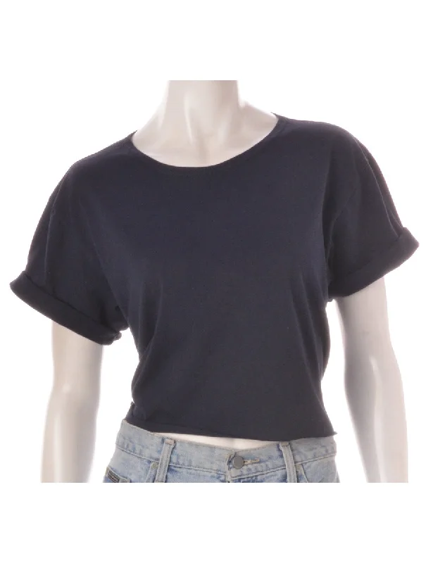 Label Cropped Bell Roll Sleeve Navy T-Shirt Oversized T-Shirt Spandex breathable