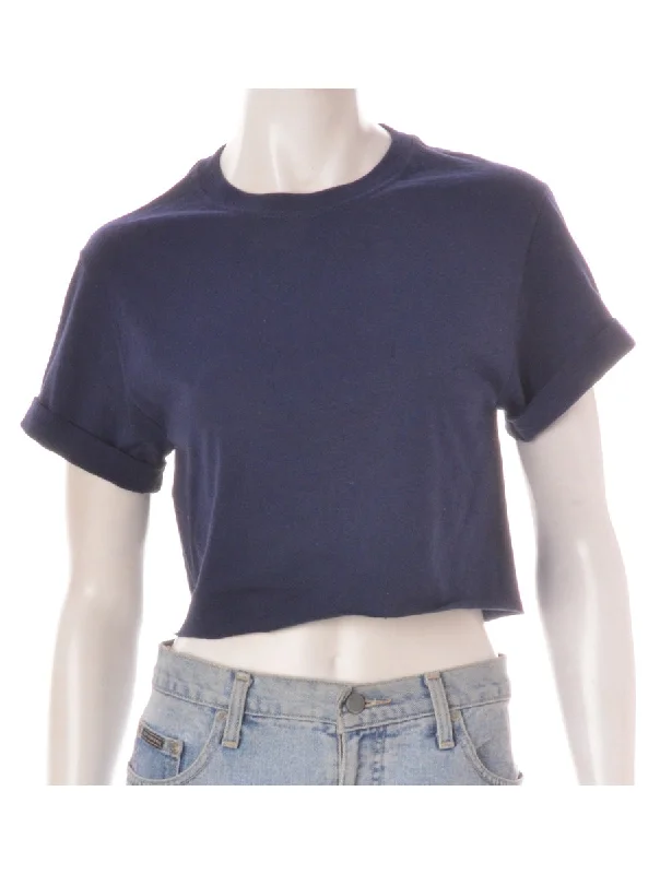 Label Cropped Bell Roll Sleeve Navy T-Shirt Fitted T-Shirt Seamless Stretchy