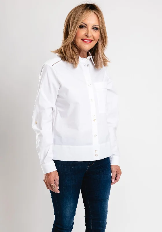 Bianca Anina Embroidered Trim Cotton Shirt, White Sequined Glittery Shiny