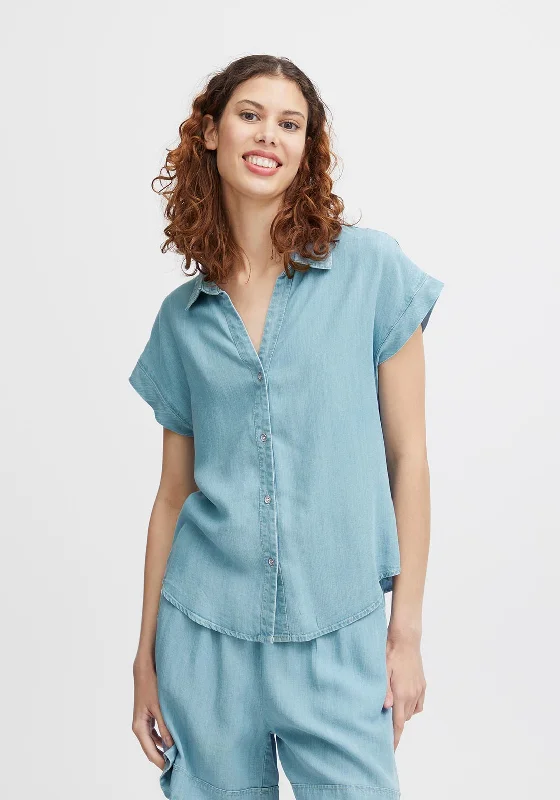 B.Young Lana Button Up Denim Shirt, Light Blue Denim Collared T-Shirt Boat Neck A-Line