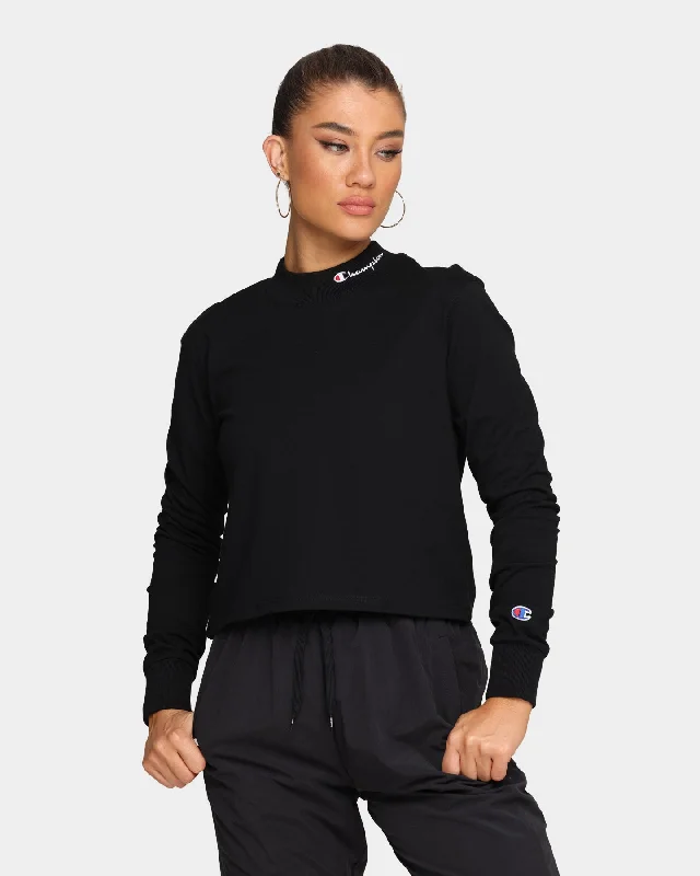 Champion Women's Heritage Mock Neck Long Sleeve T-Shirt Black Chenille Blend Fleece Blend Nylon Blend