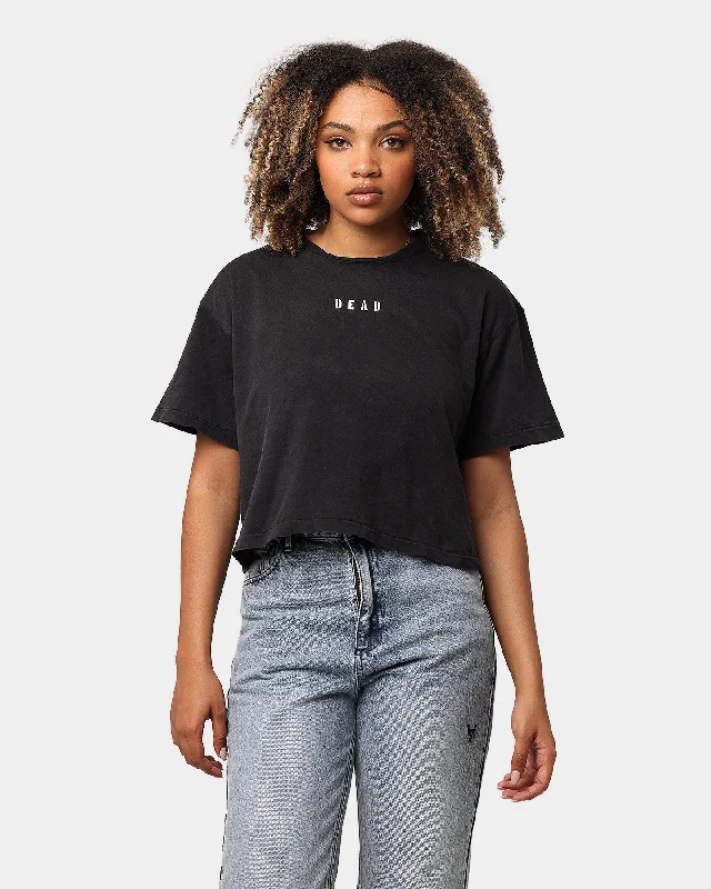 Dead Studios Destroy Hearts Cropped T-Shirt Washed Black Notch Collar Peter Pan Collar Cowl Neck