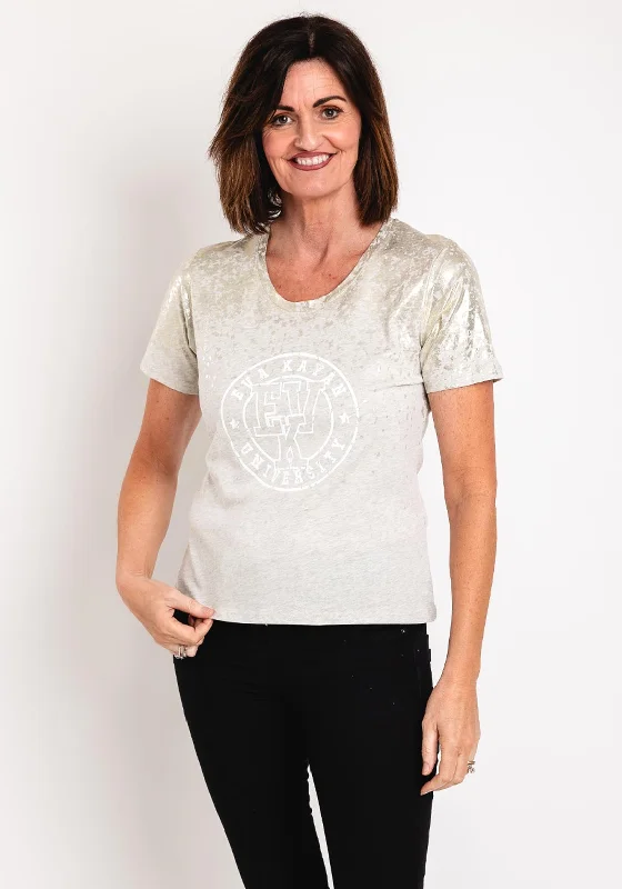 Eva Kayan Metallic Print Cotton T-Shirt, Greige Fitted T-Shirt Seamless Stretchy