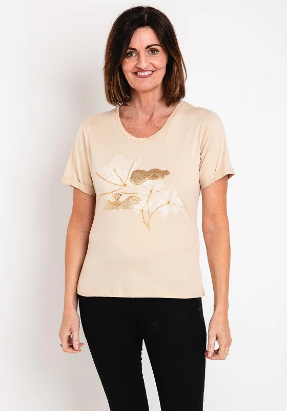 Eva Kayan Sequin Print Cotton T-Shirt, Beige Notch Collar Peter Pan Collar Cowl Neck