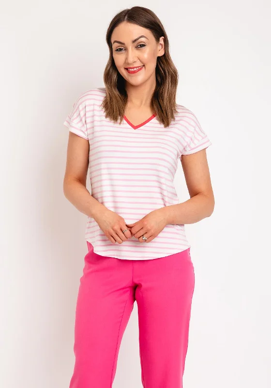 Fransa Eporsi V-Neck Striped T-Shirt, Pink Solid Print Embellished