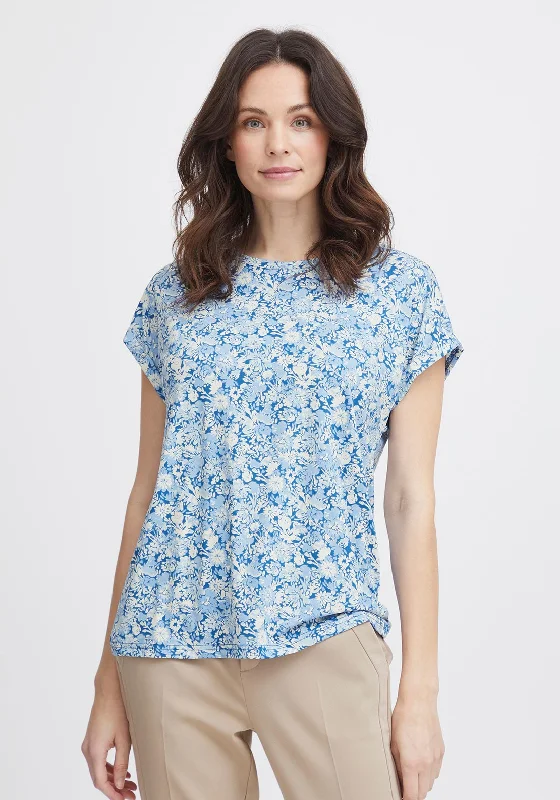 Fransa Seen Round Neck Floral Print T-Shirt, Beaucoup Blue Hooded Caped Shawl Collar