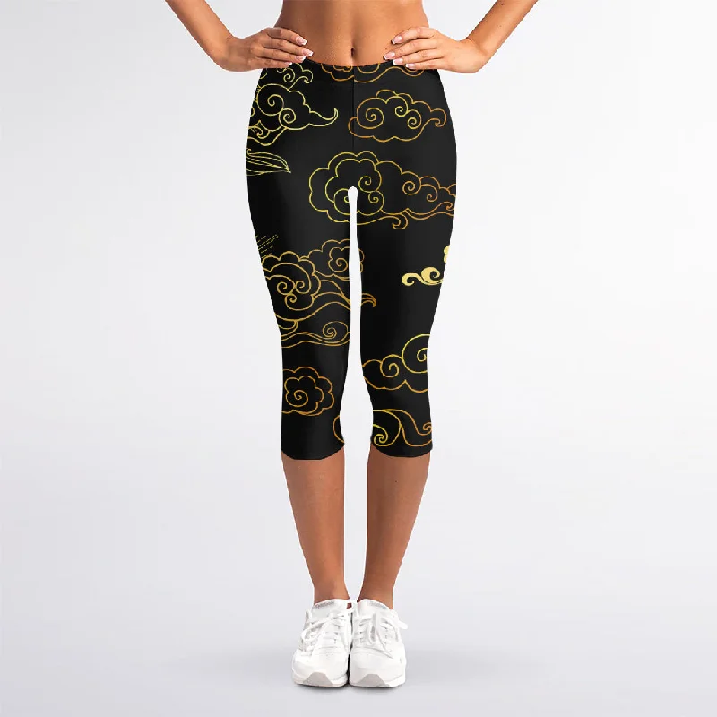Gold Moon And Sun Print Women's Capri Leggings Stylish Camo Print Leggings