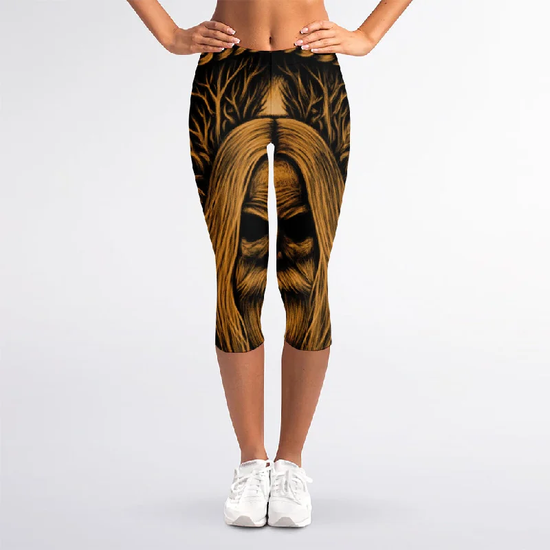Gold Odin With Huginn And Muninn Print Women's Capri Leggings Comfortable Yoga Tights Leggings