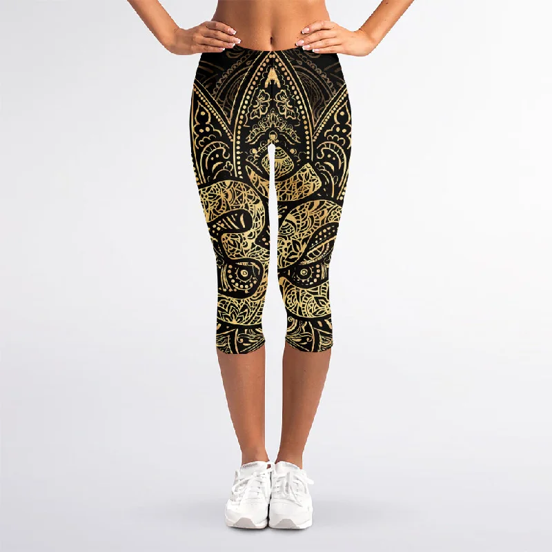 Gold Om Lotus Print Women's Capri Leggings Trendy Color Block Leggings