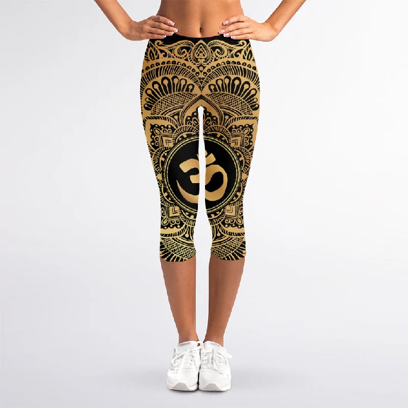Gold Om Mandala Print Women's Capri Leggings Comfortable Bootcut Workout Leggings