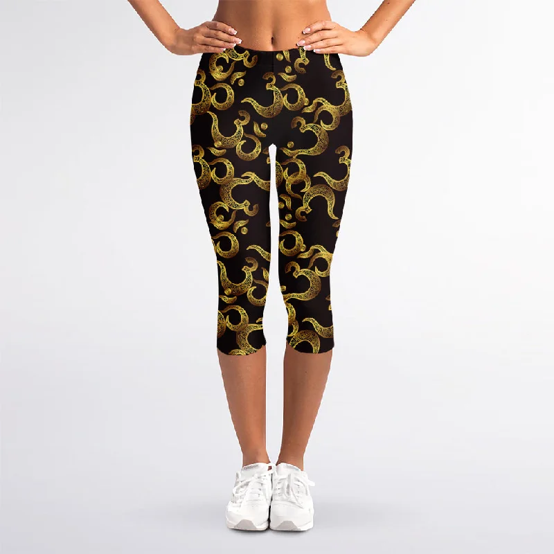 Gold Om Symbol Pattern Print Women's Capri Leggings Stylish Faux Leather Leggings
