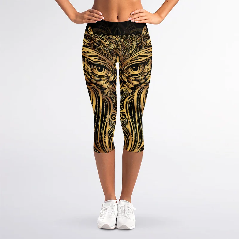 Gold Owl Spirit Print Women's Capri Leggings Elegant Satin Finish Leggings