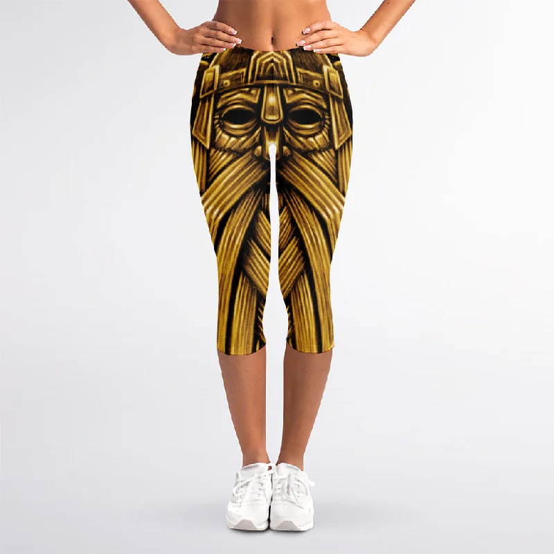 Gold Viking Norse God Odin Print Women's Capri Leggings Fashionable Tummy Control Leggings