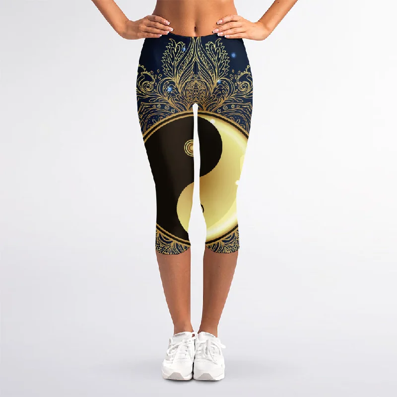 Gold Yin Yang Mandala Print Women's Capri Leggings Fashionable Printed Leggings