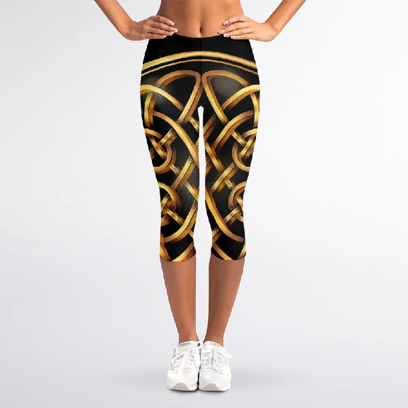 Golden Celtic Knot Print Women's Capri Leggings Fashionable Lacy Detail Leggings