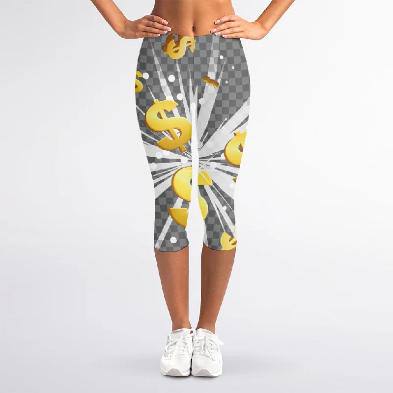 Golden Dollar Sign Explosion Print Women's Capri Leggings Cozy Bootcut Leggings