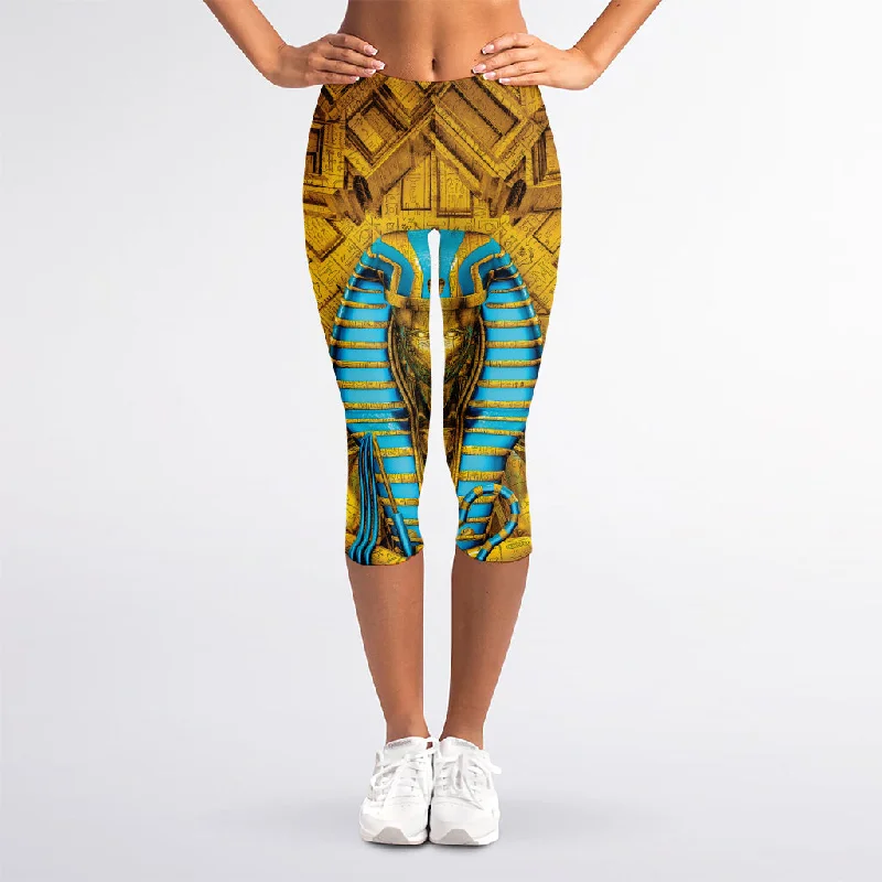 Golden Egyptian Pharaoh Print Women's Capri Leggings Classic Solid Color Leggings