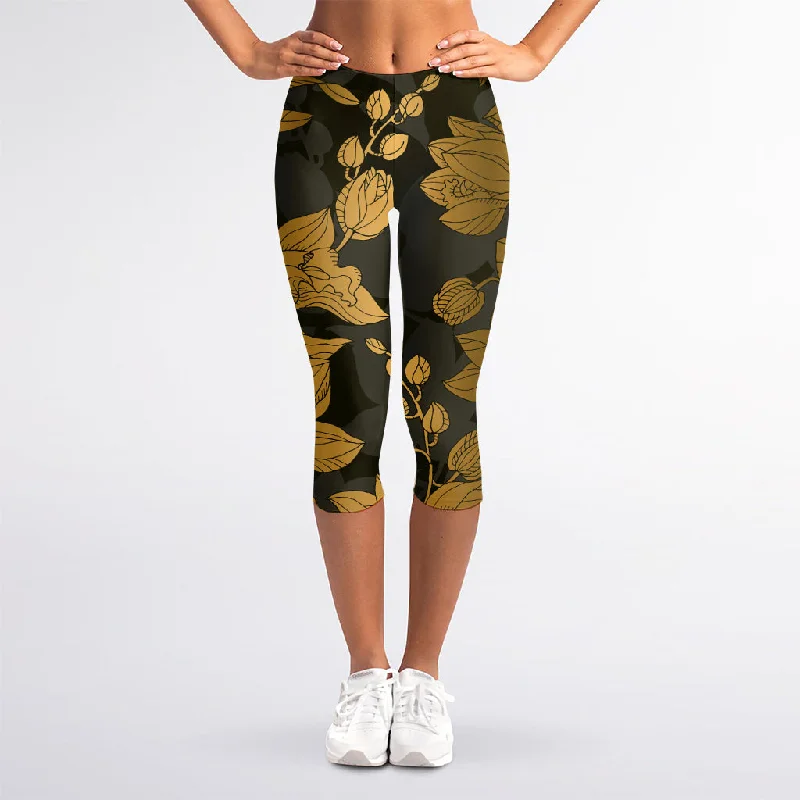 Golden Orchid Pattern Print Women's Capri Leggings Chic Workout Leggings