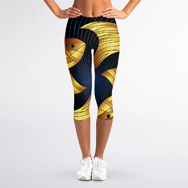 Golden Pisces Zodiac Sign Print Women's Capri Leggings Elegant Black Leggings