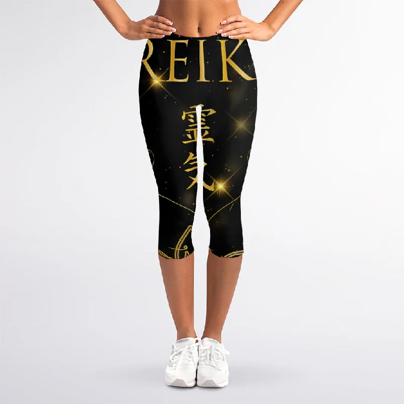 Golden Reiki Print Women's Capri Leggings Stylish High-Waisted Leggings