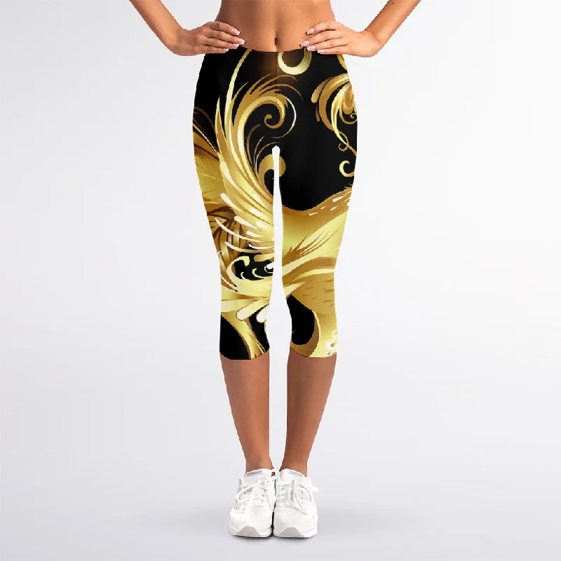 Golden Rooster Print Women's Capri Leggings Trendy Leather-Look Workout Leggings