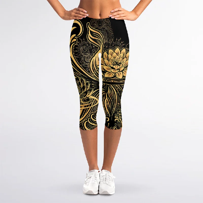 Golden Spiritual Koi Carp Print Women's Capri Leggings Stylish Capri Leggings