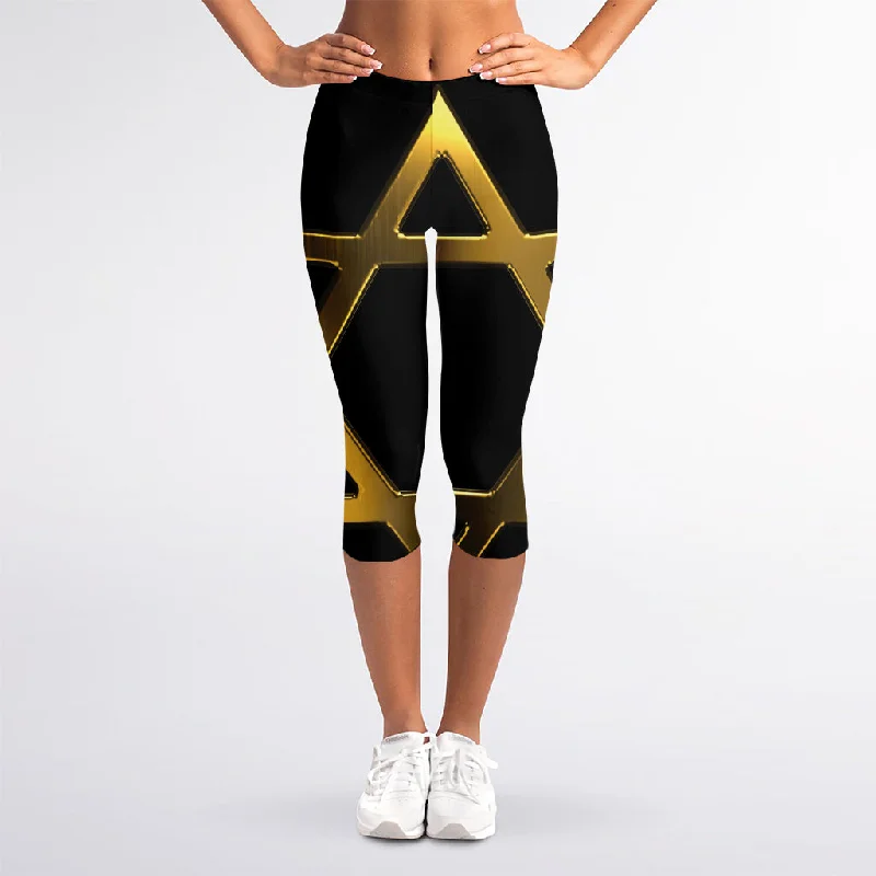 Golden Star of David Print Women's Capri Leggings Cozy Yoga Compression Leggings