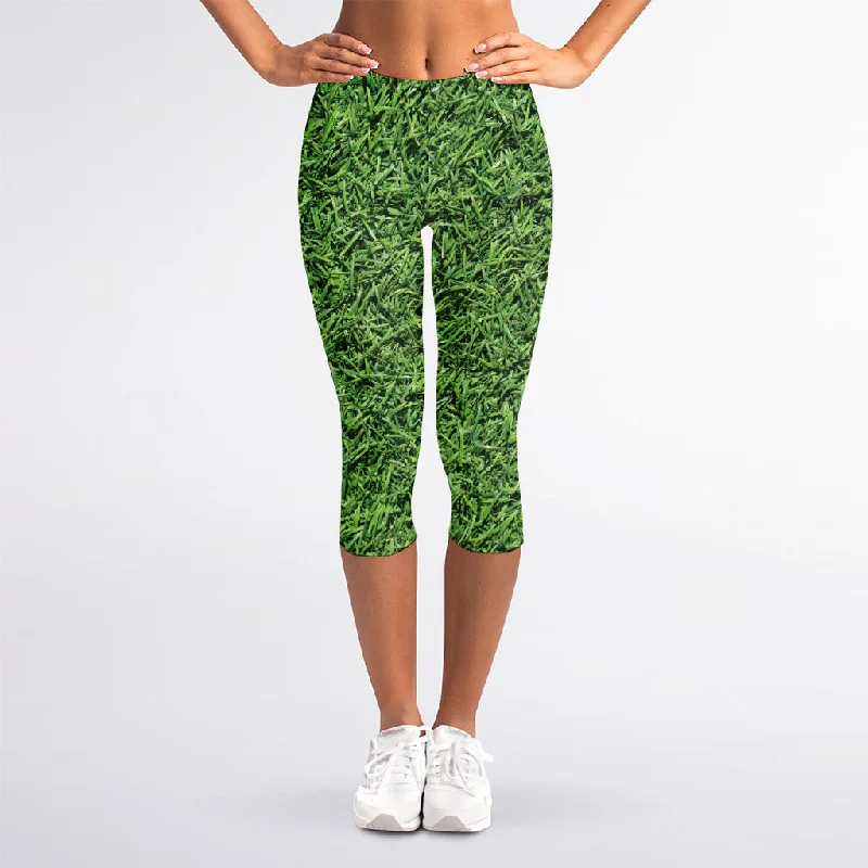 Golf Course Grass Print Women's Capri Leggings Trendy Faux Suede Leggings
