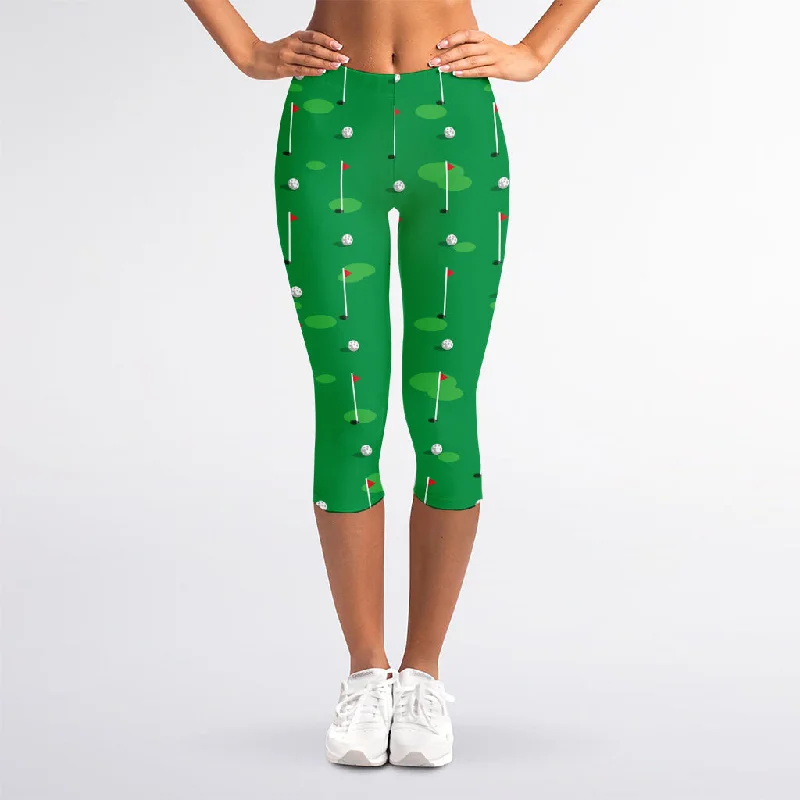 Golf Course Pattern Print Women's Capri Leggings Elegant Animal Print Leggings