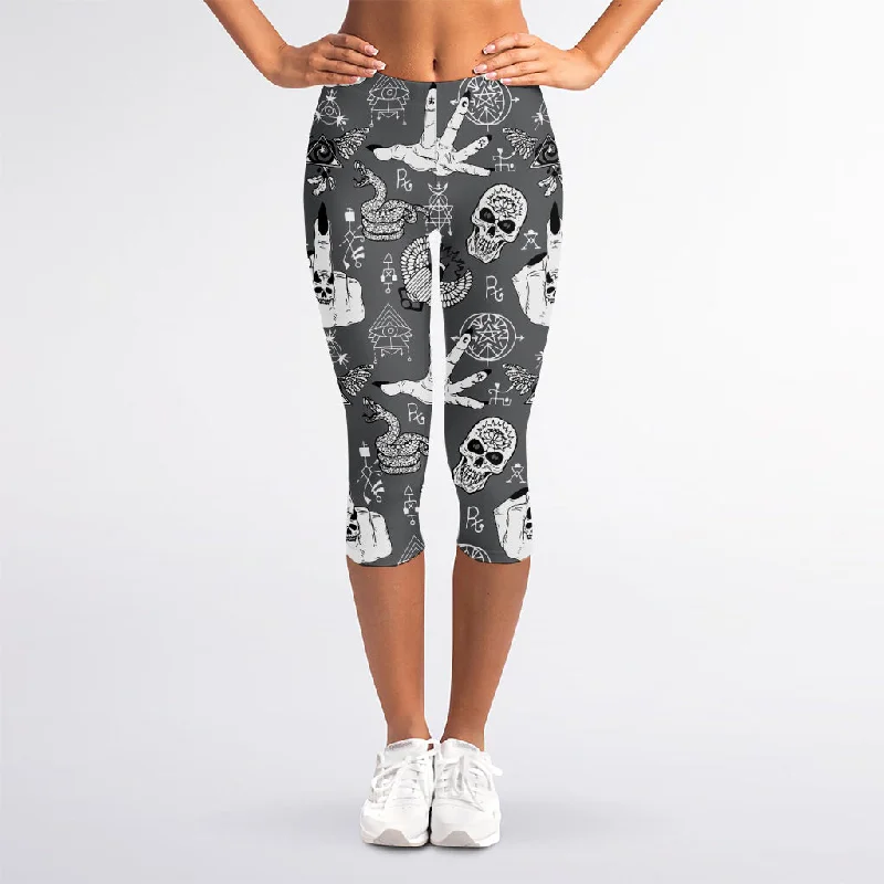 Gothic Wicca Curse Print Women's Capri Leggings Comfortable Zip-Up Leggings