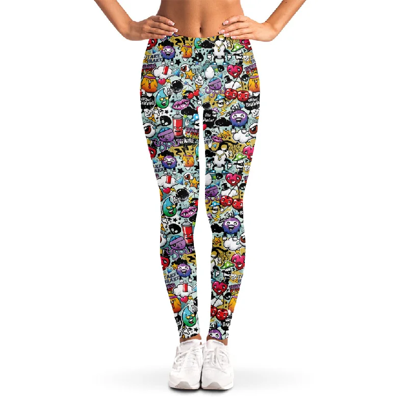 Graffiti Cartoon Characters Print Women's Leggings Elegant Metallic Leggings