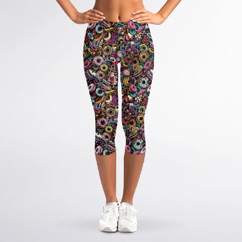 Graffiti Donut Pattern Print Women's Capri Leggings Trendy Fitness Leggings