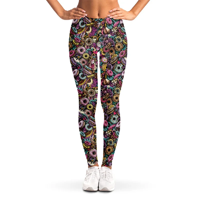 Graffiti Donut Pattern Print Women's Leggings Stylish Stretch-Waist Leggings