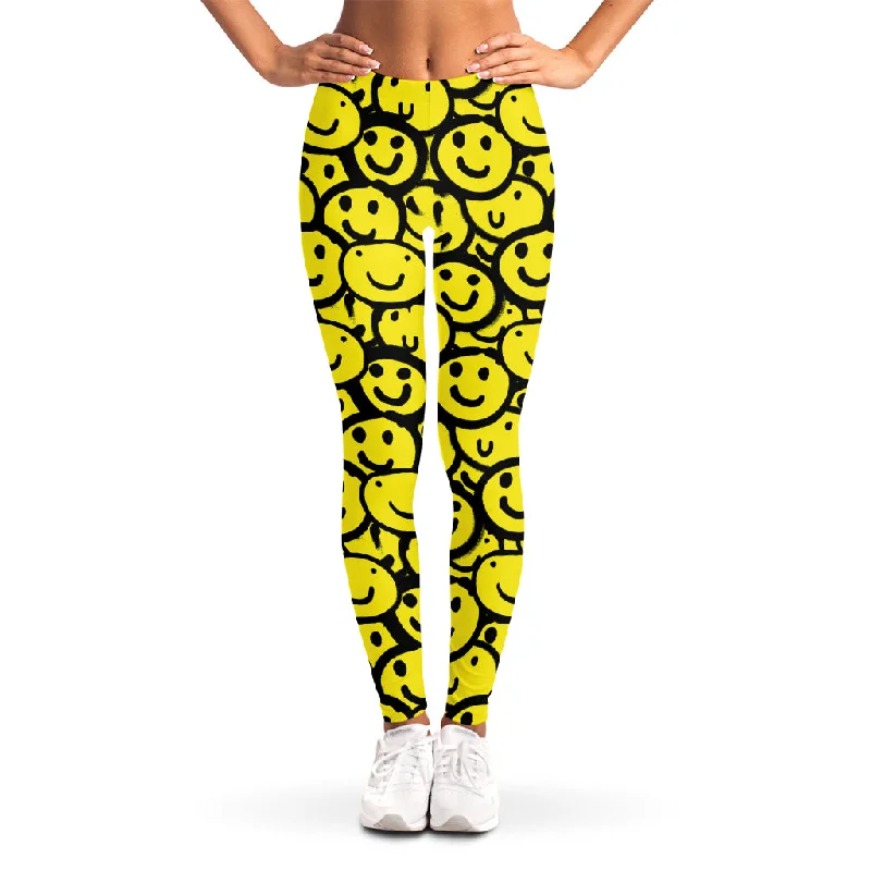 Graffiti Happy Emoji Pattern Print Women's Leggings Cozy Ribbed Leggings