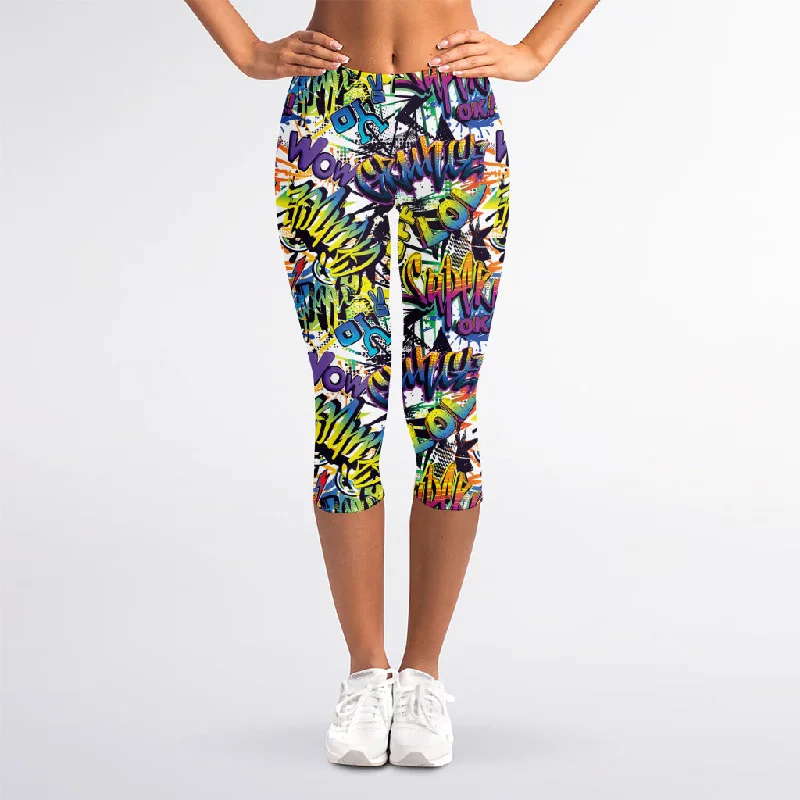 Graffiti Text Pattern Print Women's Capri Leggings Chic Printed Yoga Pants