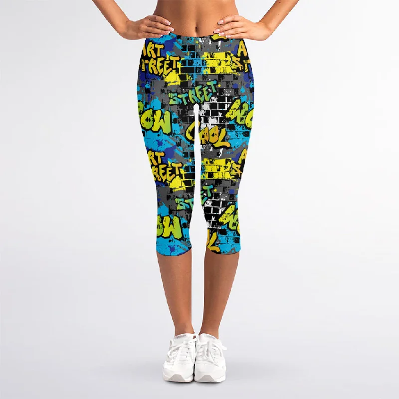 Graffiti Wall Print Women's Capri Leggings Fashionable Solid Color Tights