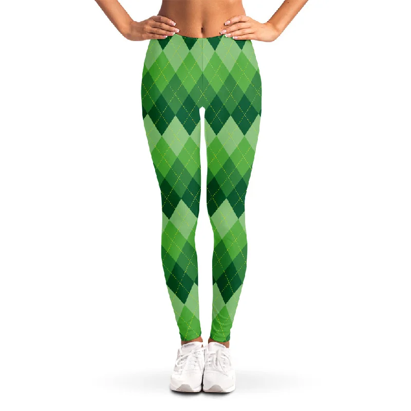 Grass Green Argyle Pattern Print Women's Leggings Comfortable Fleece-Lined Leggings