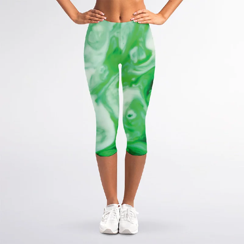 Green Acid Melt Print Women's Capri Leggings Trendy Spandex Leggings