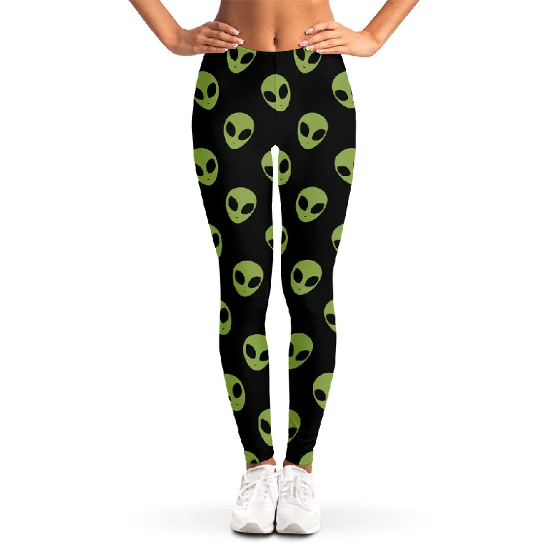 Green Alien Face Pattern Print Women's Leggings Trendy Full-Length Leggings
